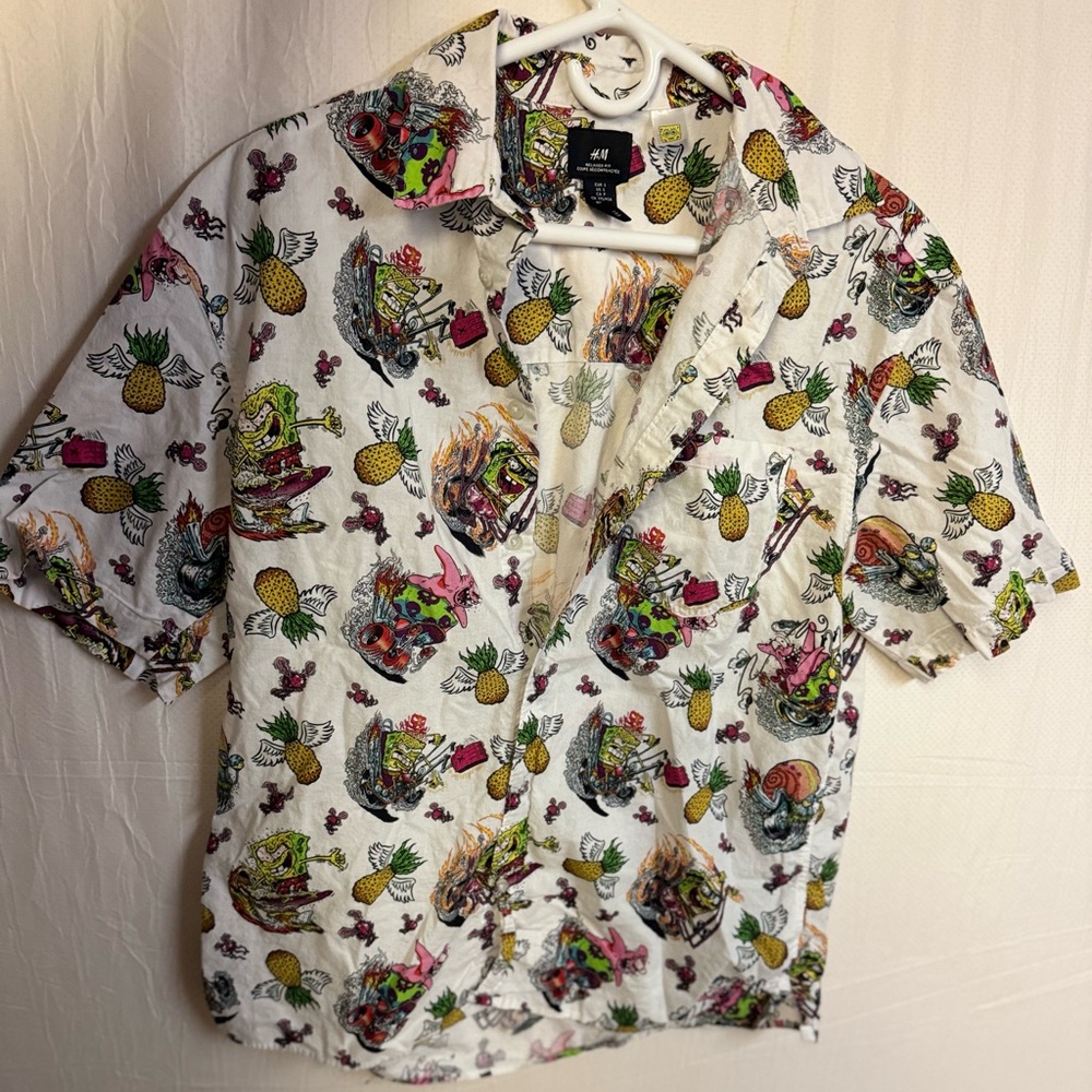 H&M x Nickelodeon Spongebob Hawaiian Tattoo Pineapple Shirt White Men's Small US